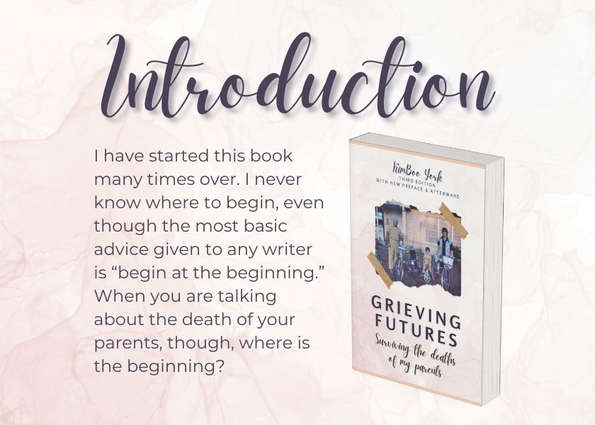 "Introduction" to Grieving Futures: "I have started this book many times over. I never know where to begin, even though the most basic advice given to any writer is “begin at the beginning.” When you are talking about the death of your parents, though, where is the beginning?"